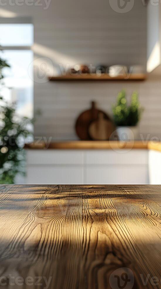 Wooden kitchen countertop reflecting warm sunlight with blurred background of modern kitchen design and plants photo