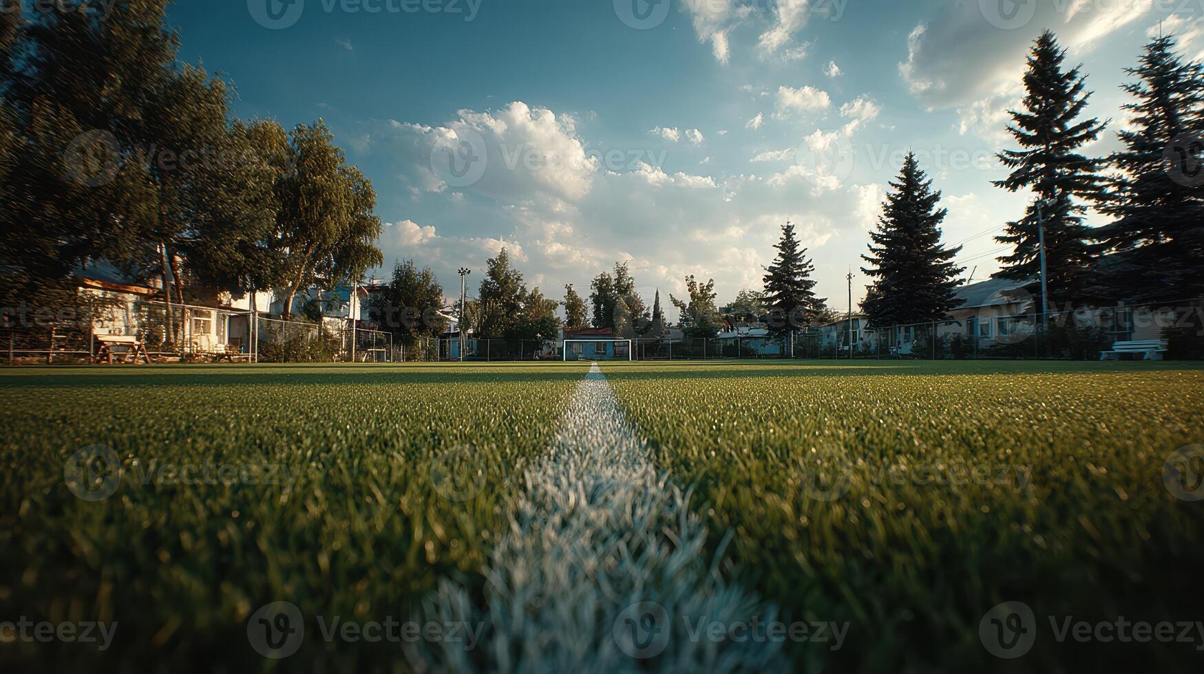 Sunset over a soccer field with clear skies and lush green grass in a residential area photo