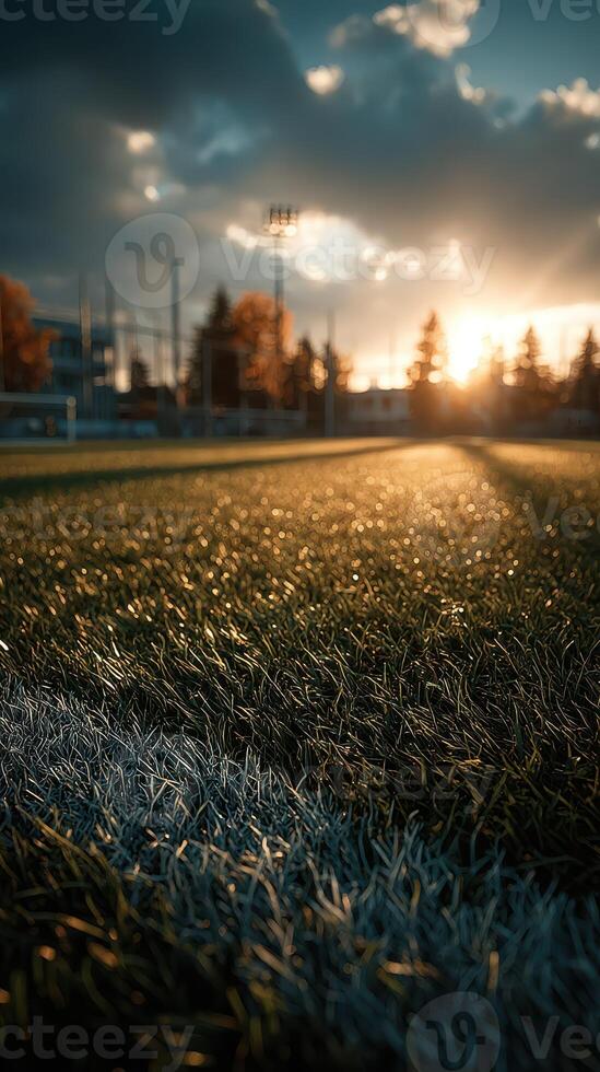 Sunset over a well-maintained soccer field with vibrant grass and gentle light in the background photo