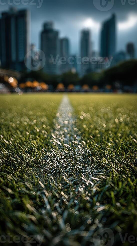 Focus on a vibrant sports field lined with a bright white mark against a city skyline during afternoon light photo