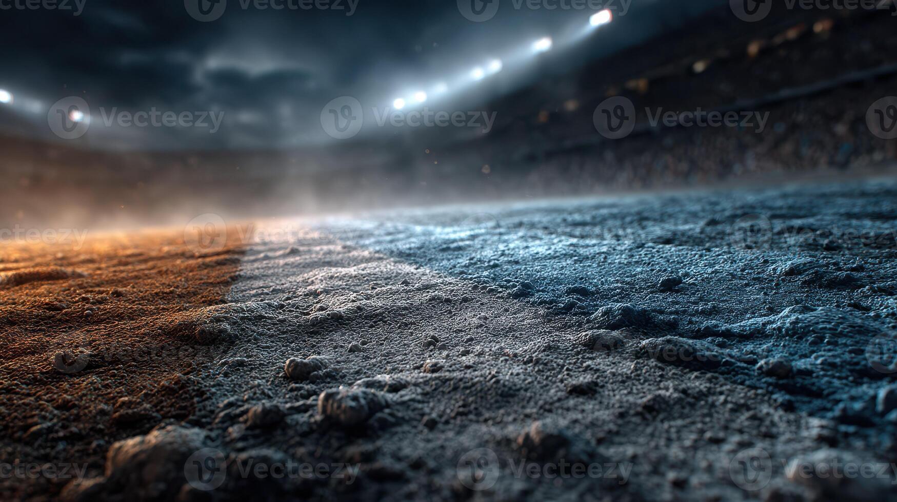 Stadium ground at dusk with dramatic lighting sets the stage for an intense sporting event photo