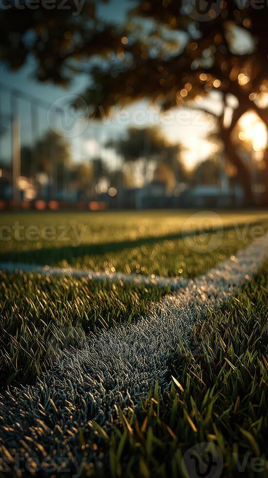 Evening sunlight illuminates a tranquil sports field with lush grass and a shadowy tree in the background photo