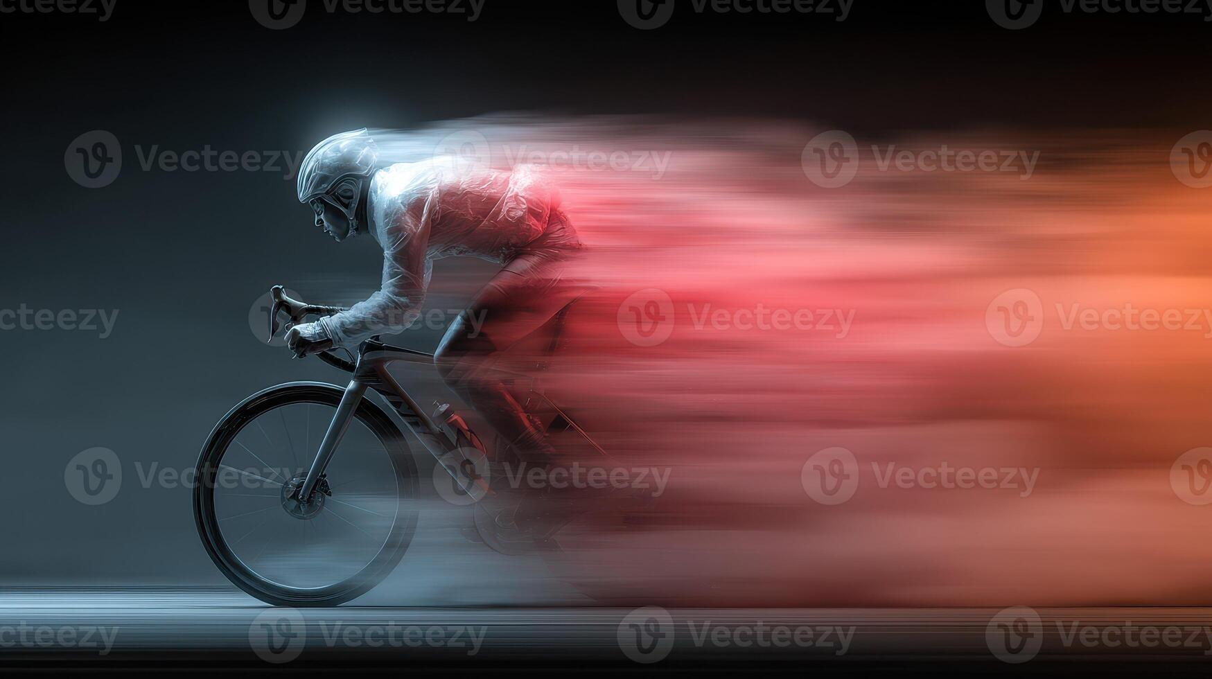 Cyclist racing through a blurred trail of motion in a dynamic urban setting during twilight photo