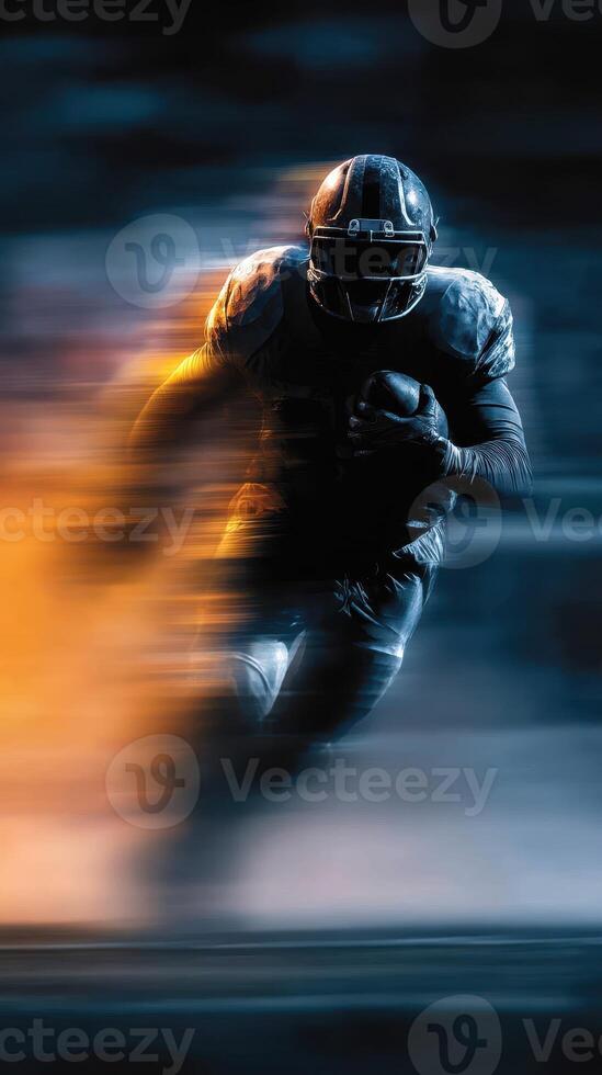 Dynamic football player sprinting with ball in intense motion during a night game photo