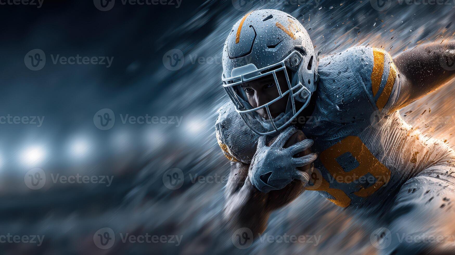 Dynamic football player sprinting on a rain-soaked field during a night game photo
