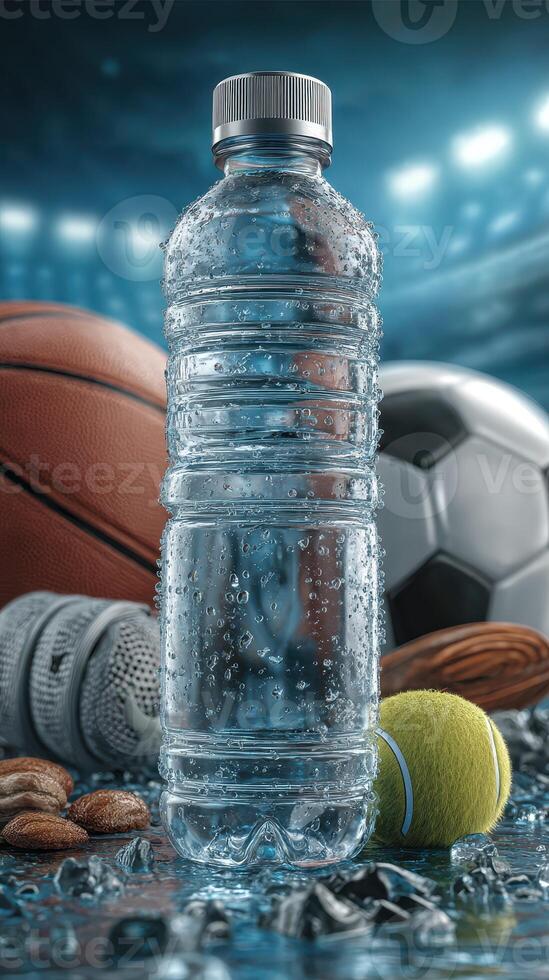 Sports gear and water bottle showcase hydration essentials for athletes during practice at a training facility photo