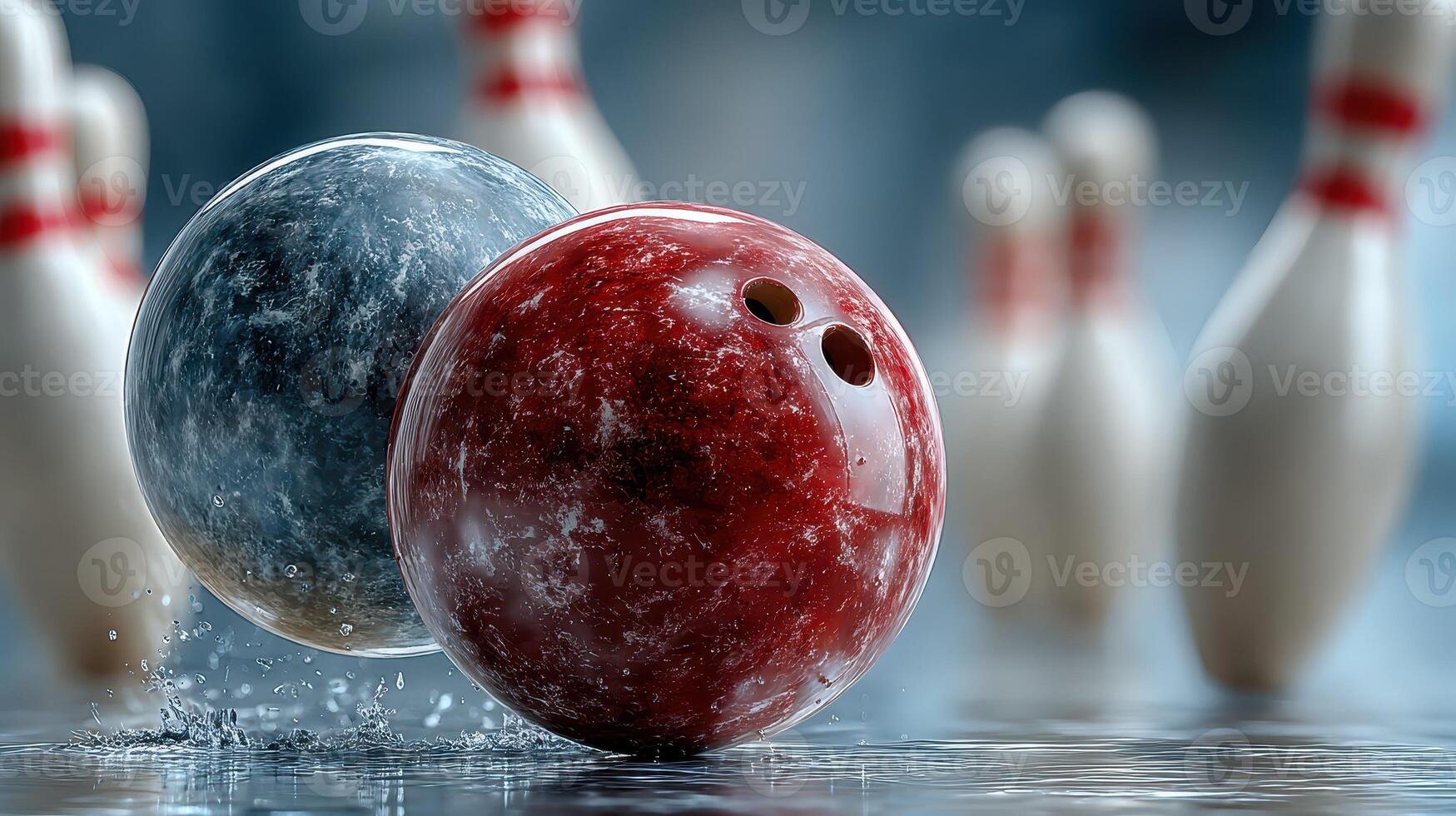 Brightly colored bowling balls roll towards pins at a lively bowling alley during a weekend evening game photo