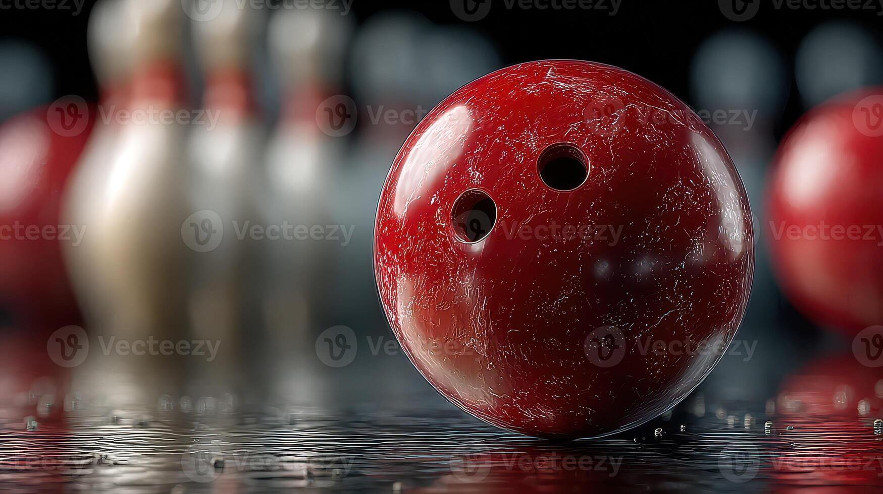 Bowling ball on polished lane with pins in background ready for a competition photo