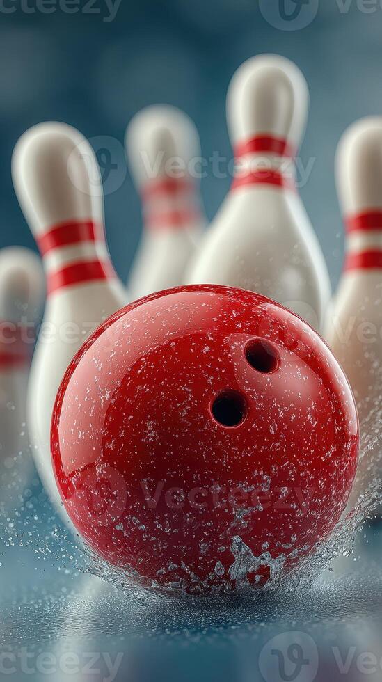 Red bowling ball rolls towards pins in a vibrant bowling alley setting during a lively game photo