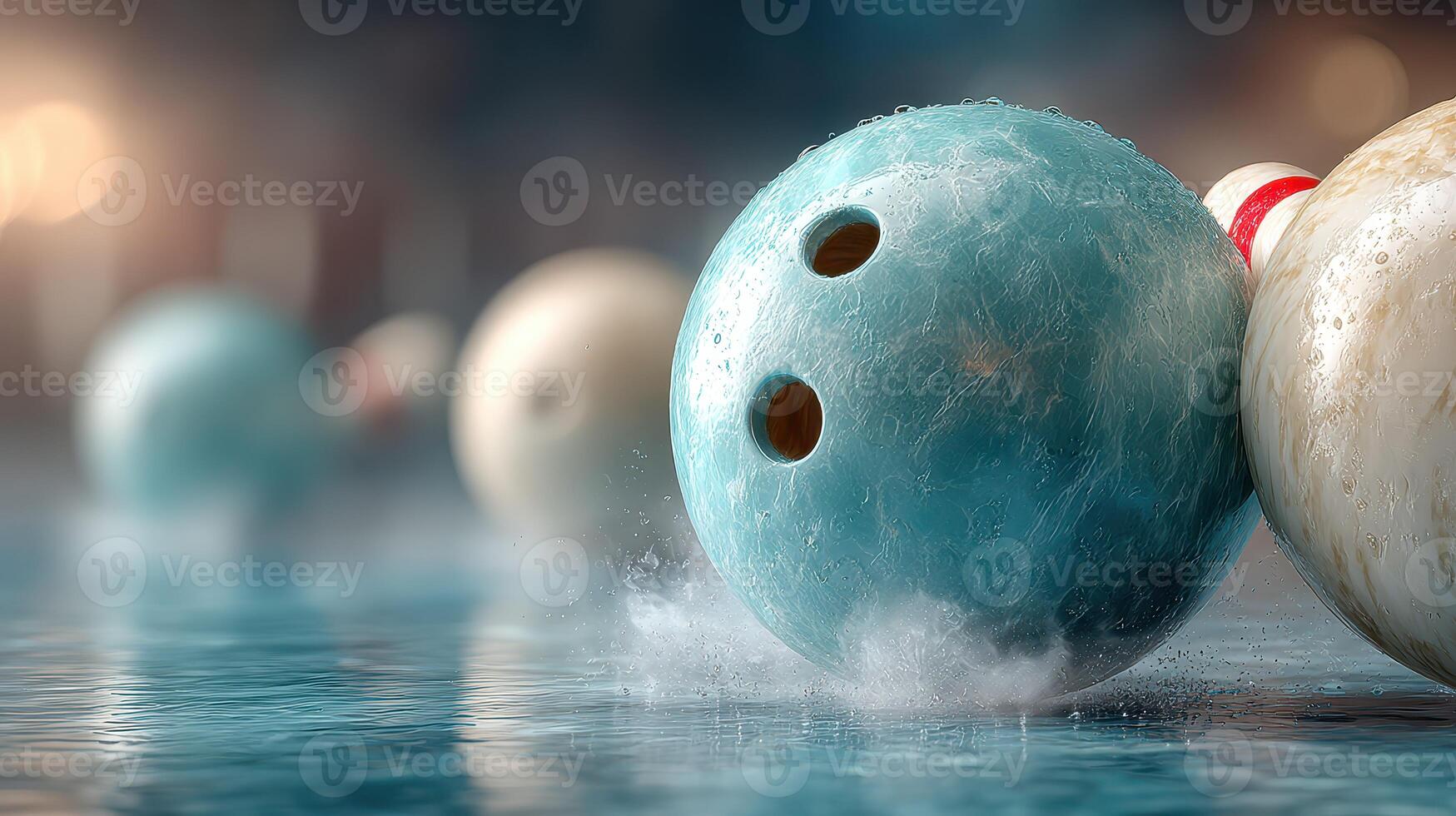 Bowling balls rolling towards pins in a sleek and modern bowling alley during an evening match photo
