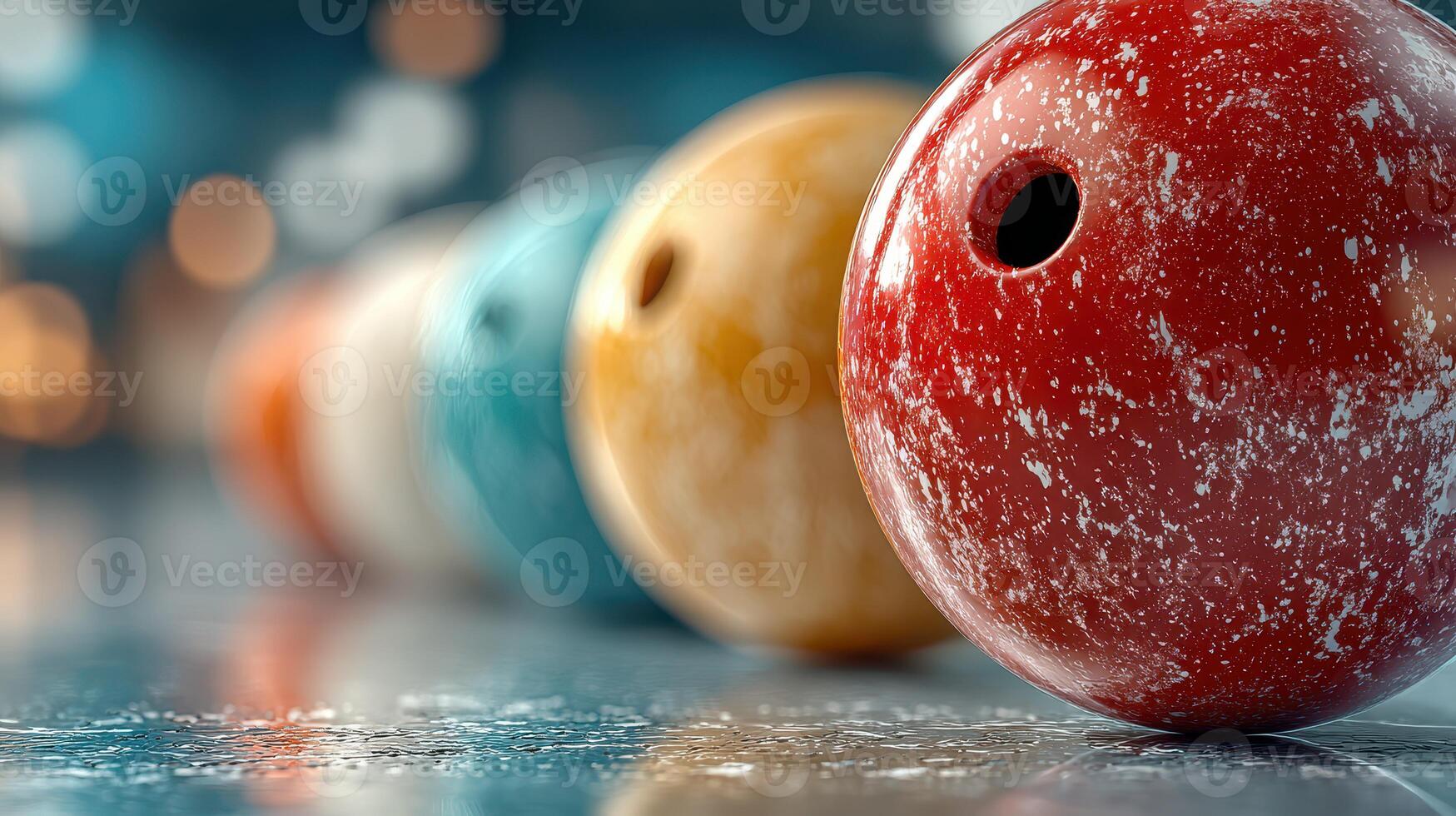 Colorful bowling balls arranged neatly on the lane in a bowling alley during a game night photo