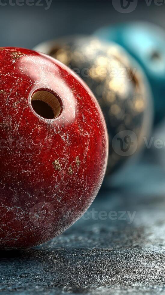 Brightly colored bowling balls arranged on a textured surface showcasing intricate details in a recreational setting photo