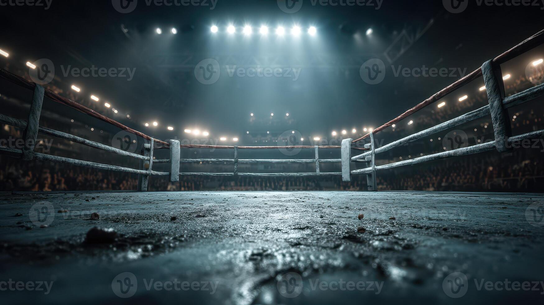 Boxing ring illuminated by bright arena lights during a lively fight night event in an indoor stadium photo
