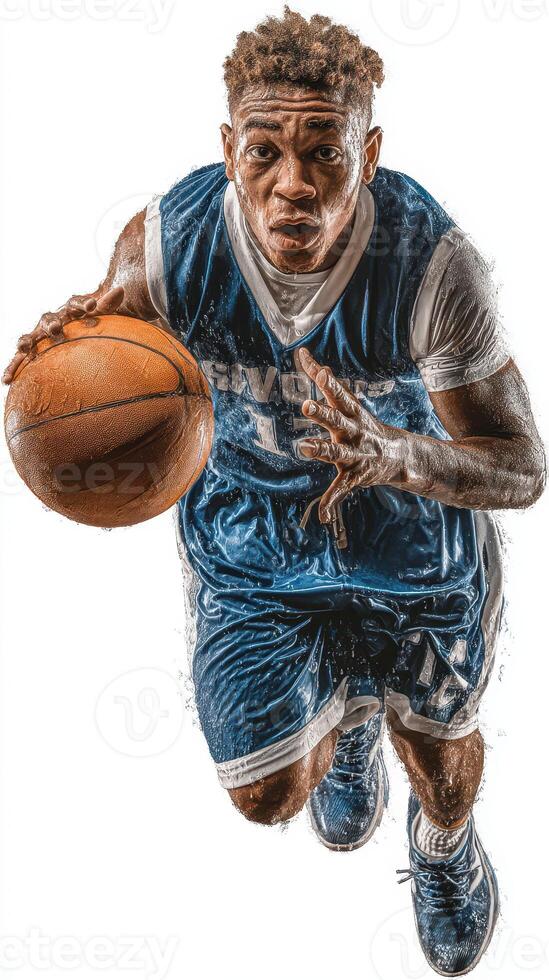 Basketball player in blue jersey dribbling ball during a game indoor in the evening photo