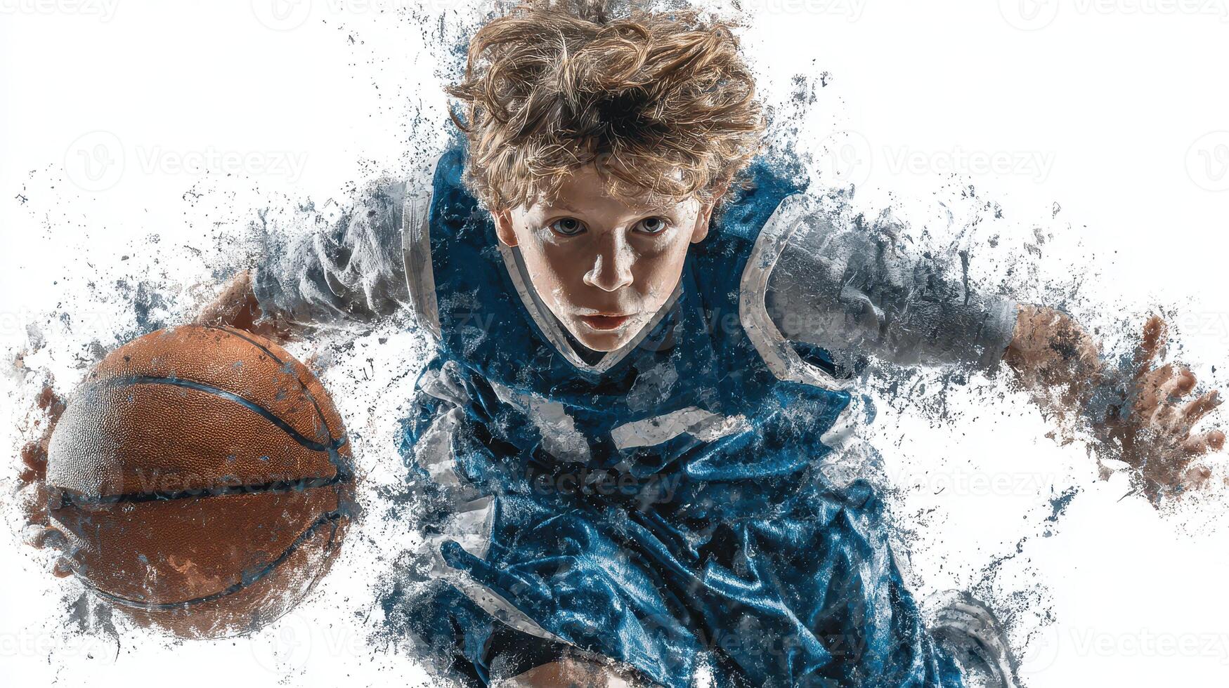 Young basketball player dribbling fast in dynamic pose with water splashes in a vibrant background photo