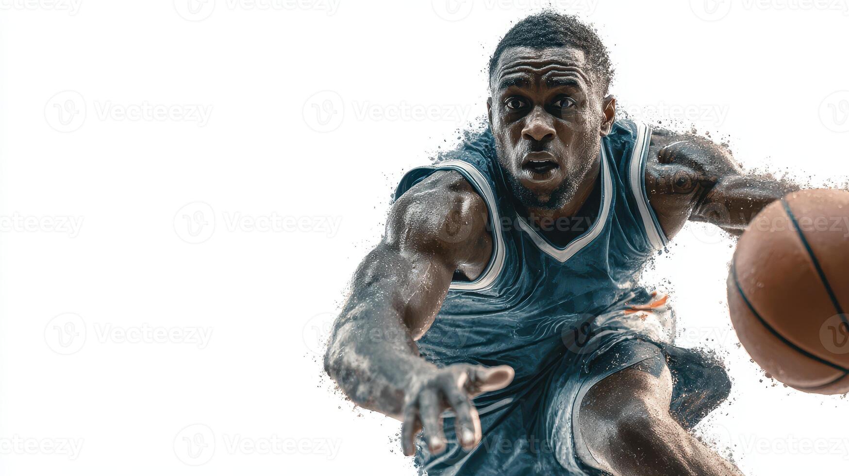 Basketball player making a dynamic drive towards the basket during an intense game showcasing skills and athleticism photo