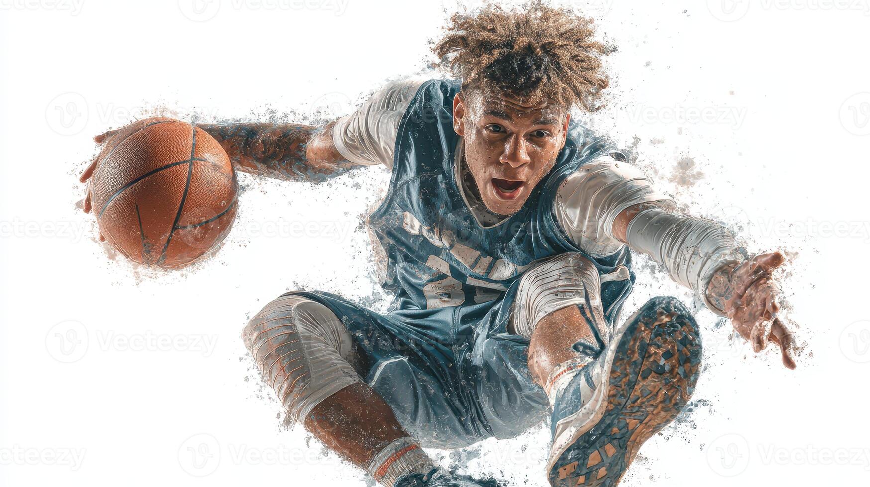 Dynamic basketball player leaps for a shot during an intense game in a sports arena photo