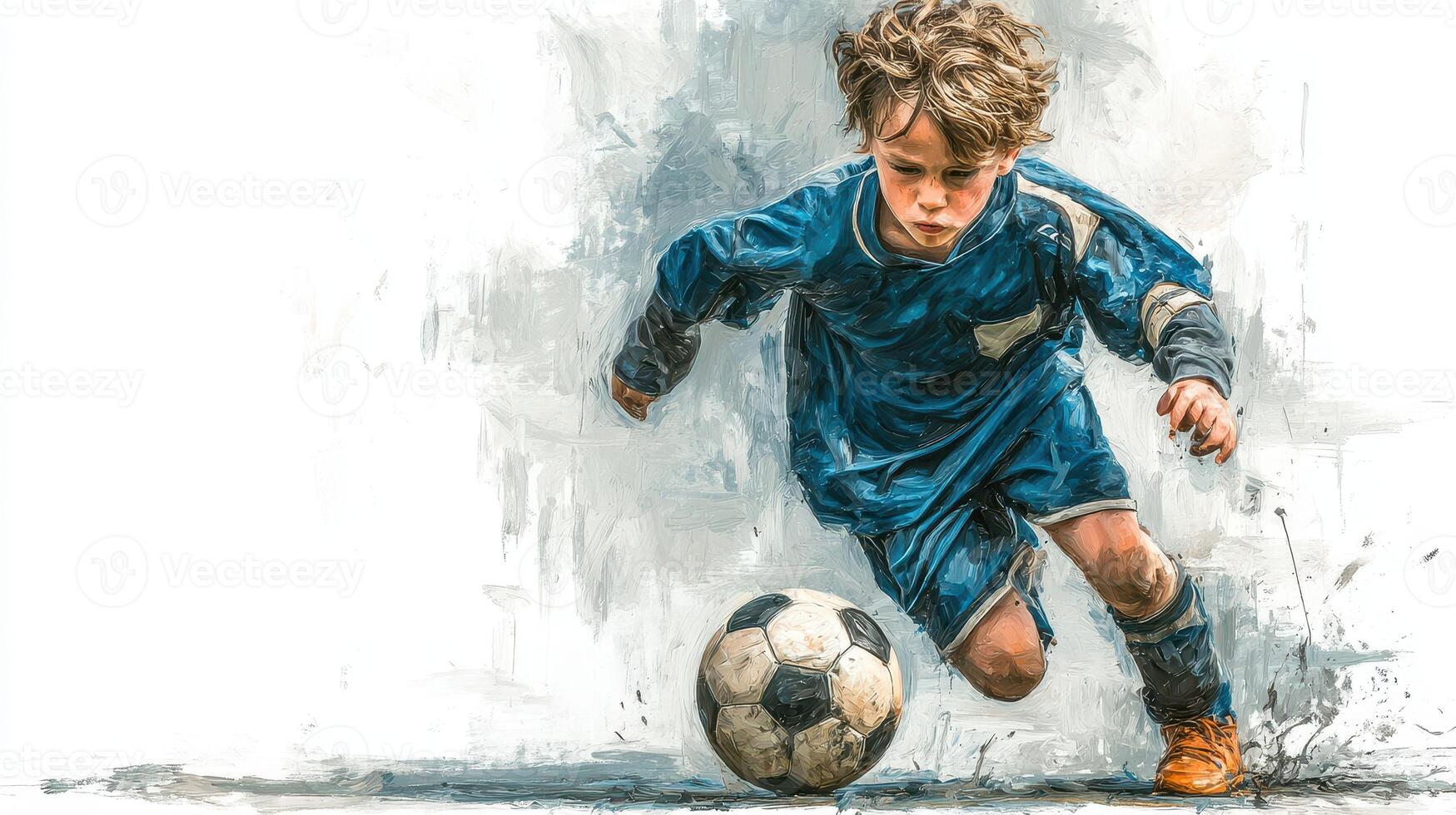 Young boy dribbles soccer ball on field in dynamic action during a sunny afternoon game photo