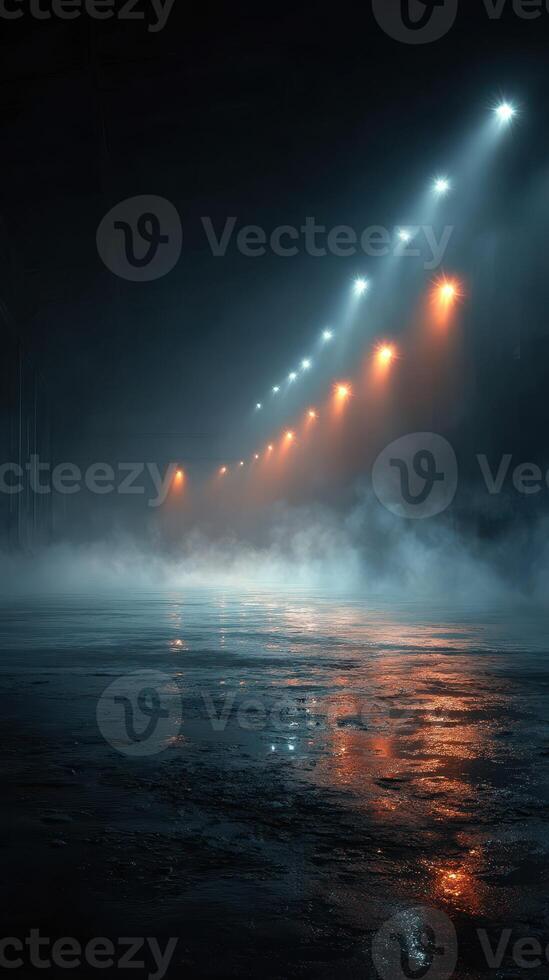 Misty night on an empty street illuminated by glowing streetlights reflecting on wet pavement photo