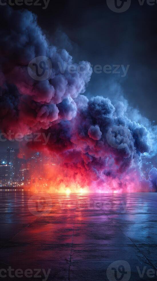 Colorful smoke and flames engulf urban landscape at night providing a striking visual spectacle photo
