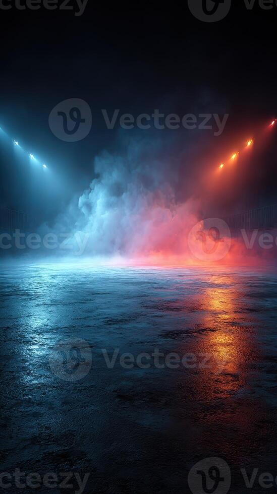 Dramatic lighting and fog create an enchanting atmosphere in a nighttime arena setting photo