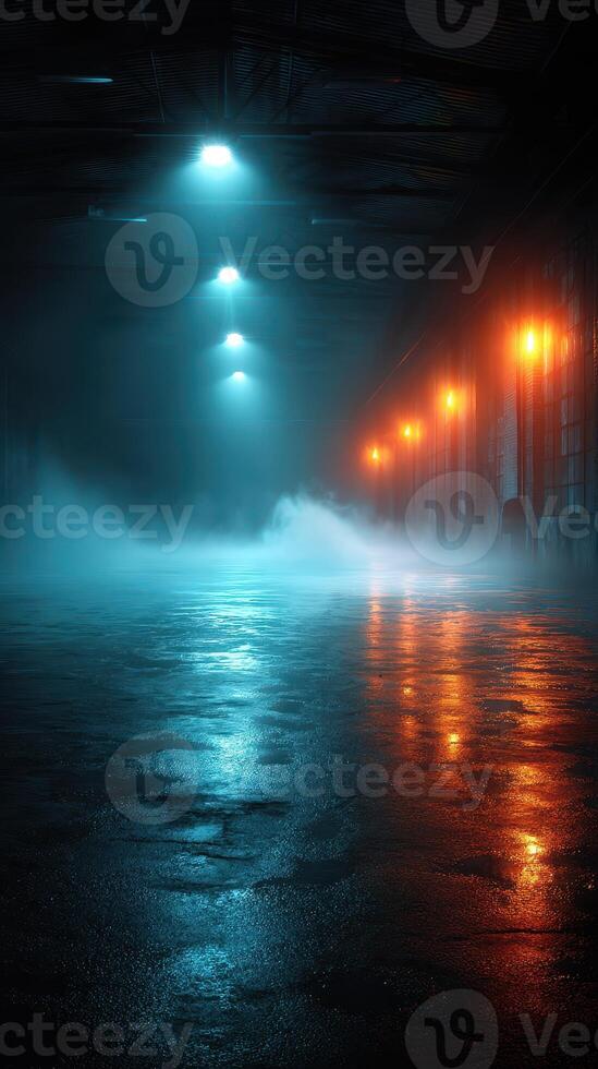 Mysterious ambiance in industrial warehouse illuminated by blue and orange lights with fog on the floor photo