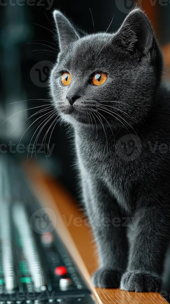 Black kitten with bright orange eyes curiously observing a mixing console in a stylish studio setting photo