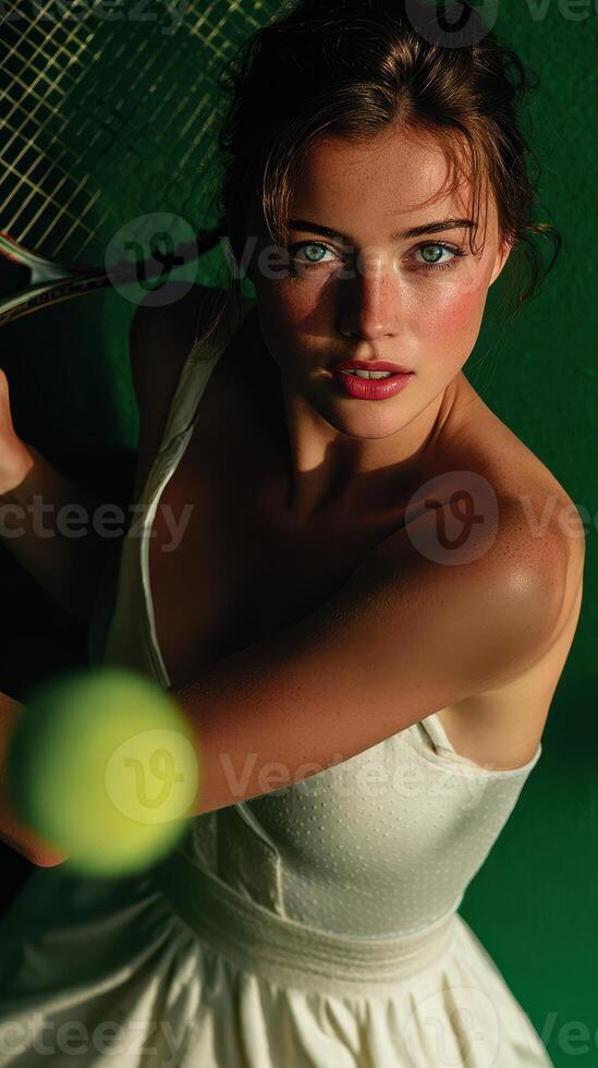 Tennis player prepares for a powerful serve with focus and determination on the court at sunset photo