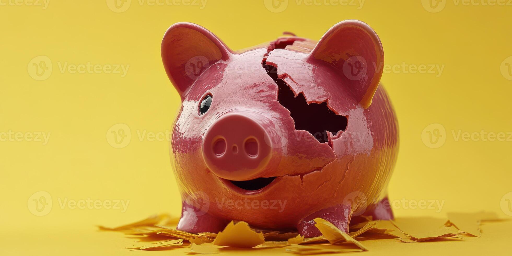 Broken piggy bank with cheerful expression surrounded by yellow background and scattered coins photo
