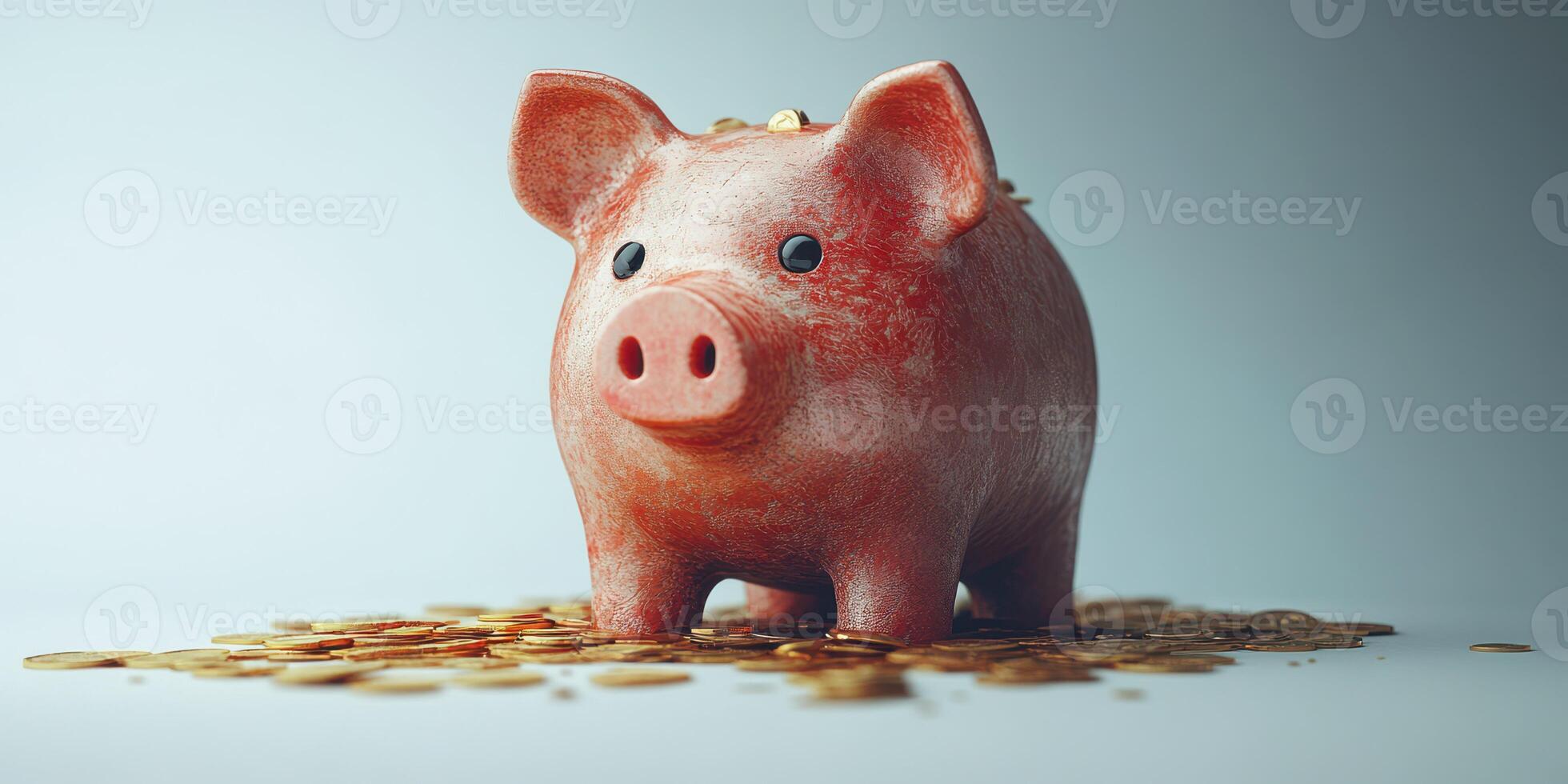 Piggy bank surrounded by coins on a smooth surface during an indoor setting with soft lighting photo