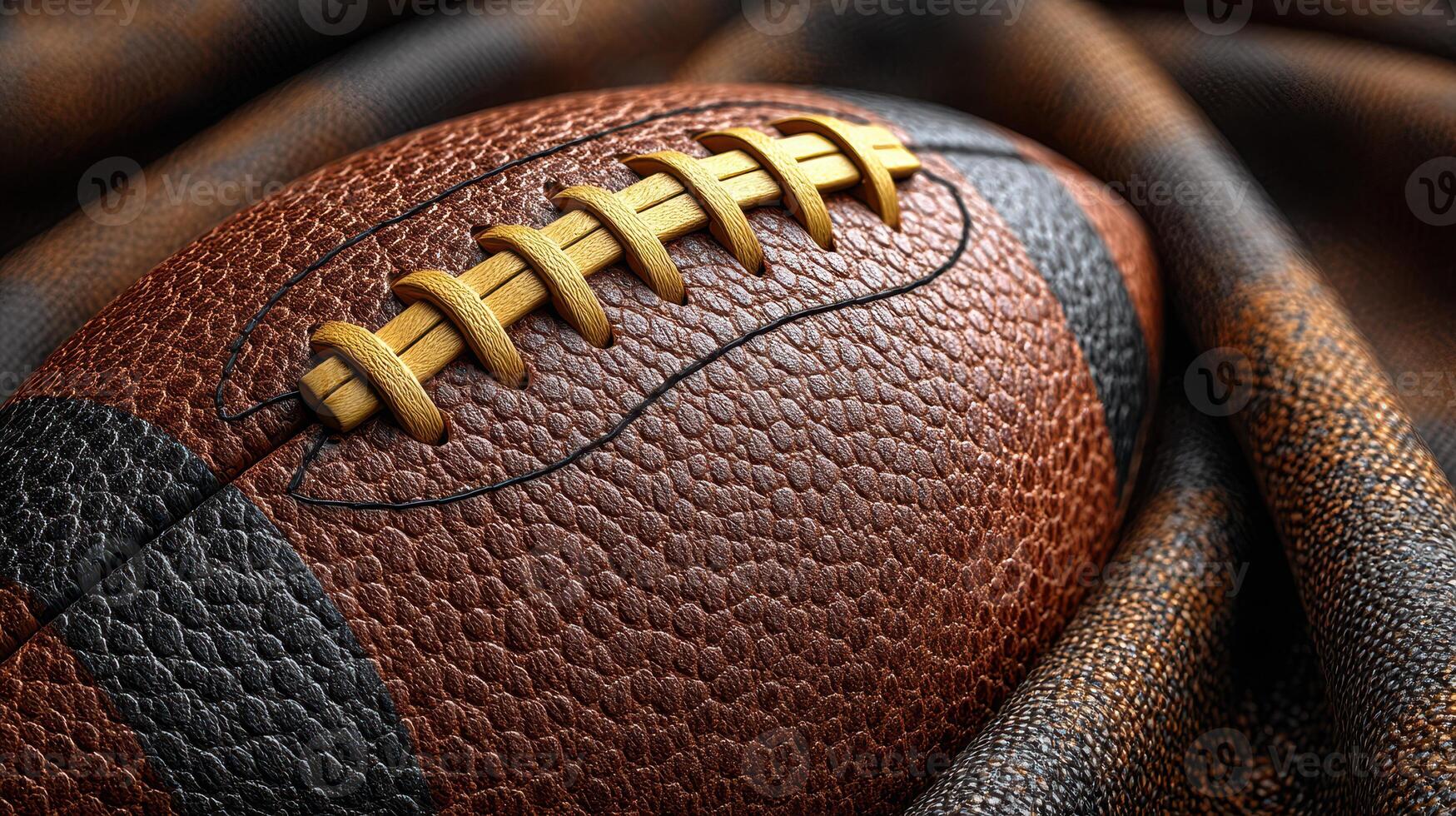 Close-up of a textured football resting on a fabric surface, showcasing intricate details and stitching in soft lighting photo