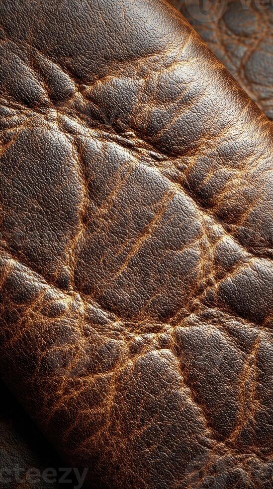 Detailed close-up of rich brown leather texture showcasing its unique patterns and natural wear photo