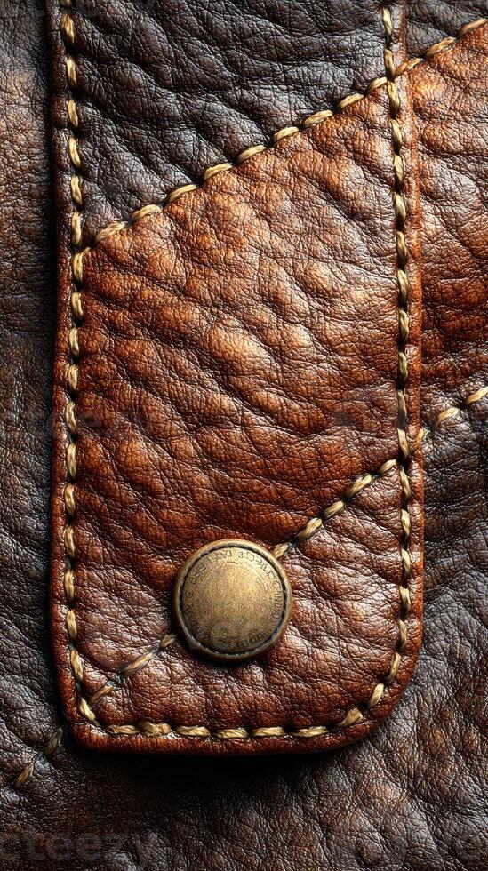 Detailed close-up of a handcrafted leather patch showcasing intricate stitching and texture photo