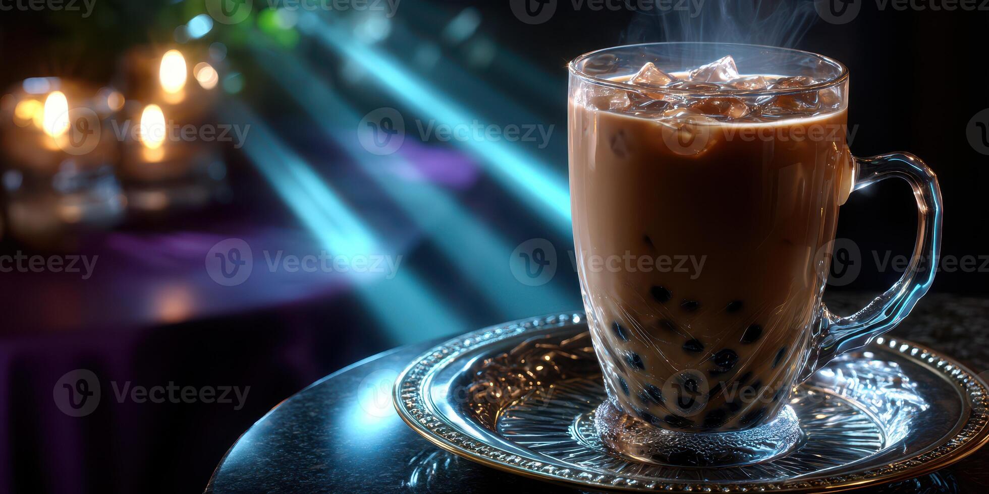 Delicious iced bubble tea served on a silver tray with steam rising in a cozy cafe setting photo