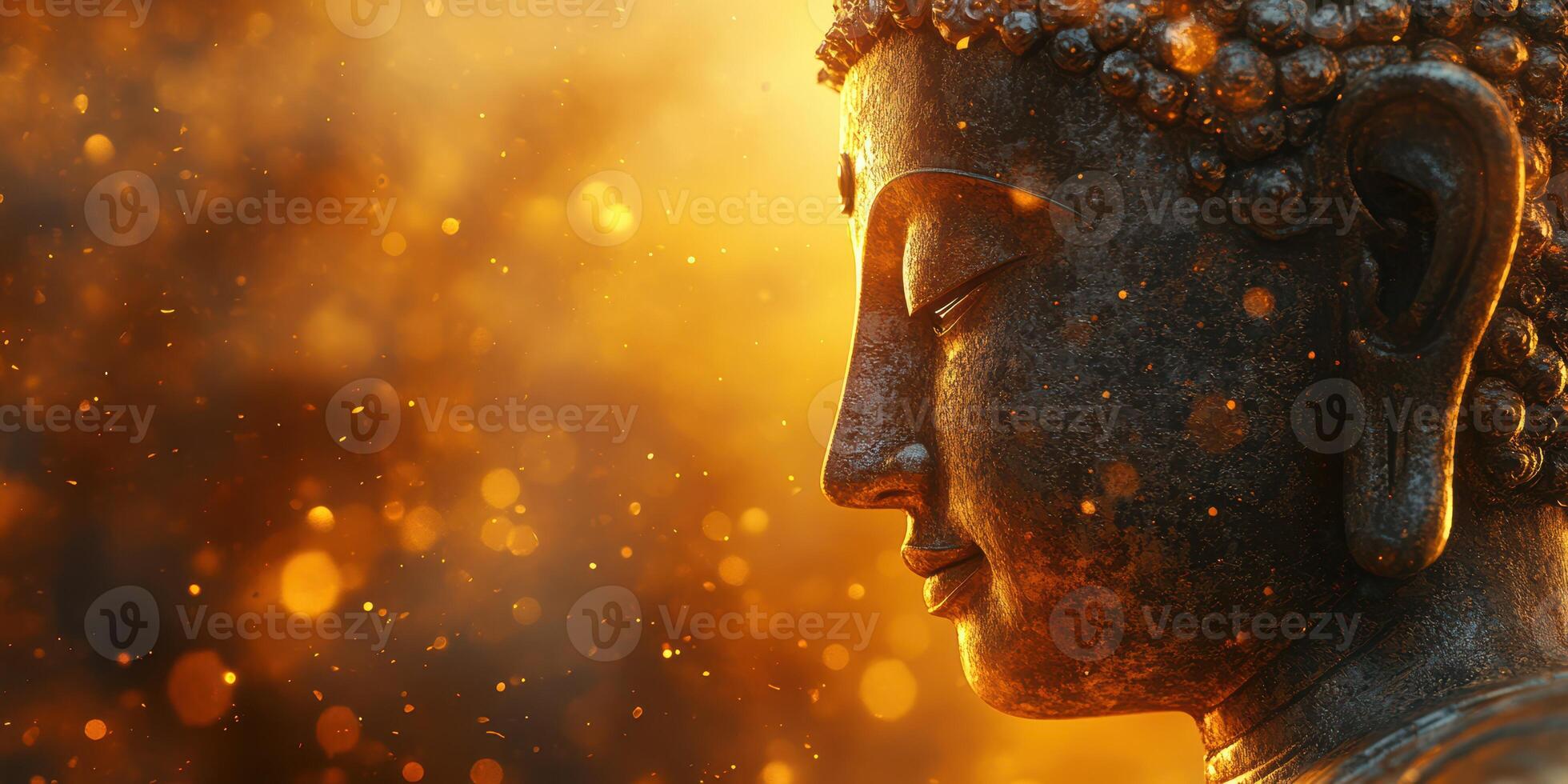 Ancient Buddha statue illuminated by warm light against a shimmering backdrop during a tranquil moment photo