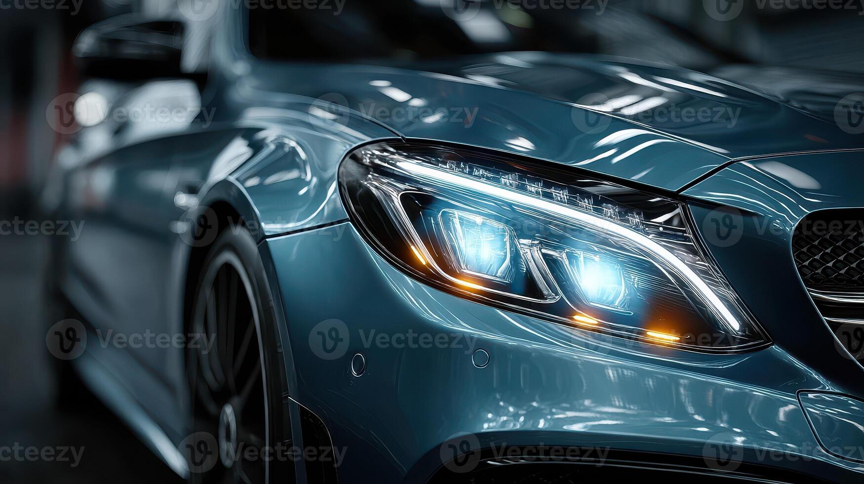 Close view of a sleek blue luxury car showcasing its modern headlights and design elements in an indoor garage setting at night photo