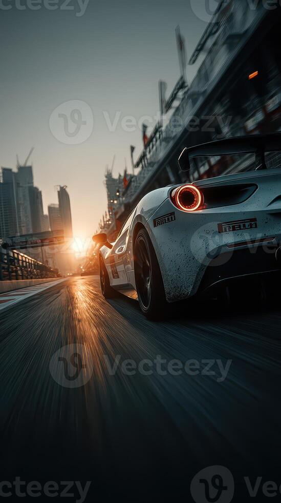 Race car speeding on a track at sunset, showcasing dynamic motion and urban background photo