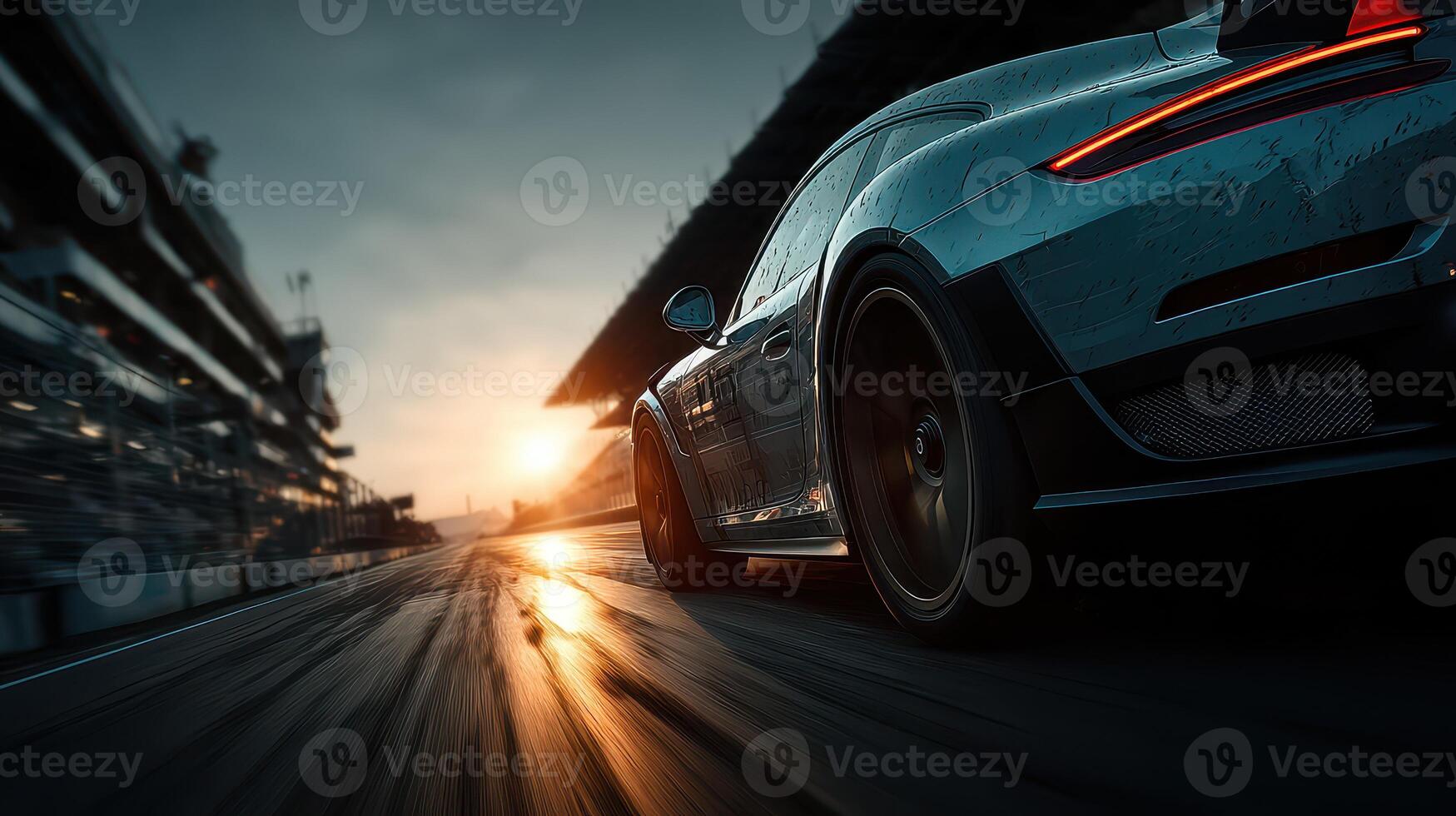 Dramatic sunset view of a racing car speeding on a wet track during a thrilling motorsport event in the late afternoon photo
