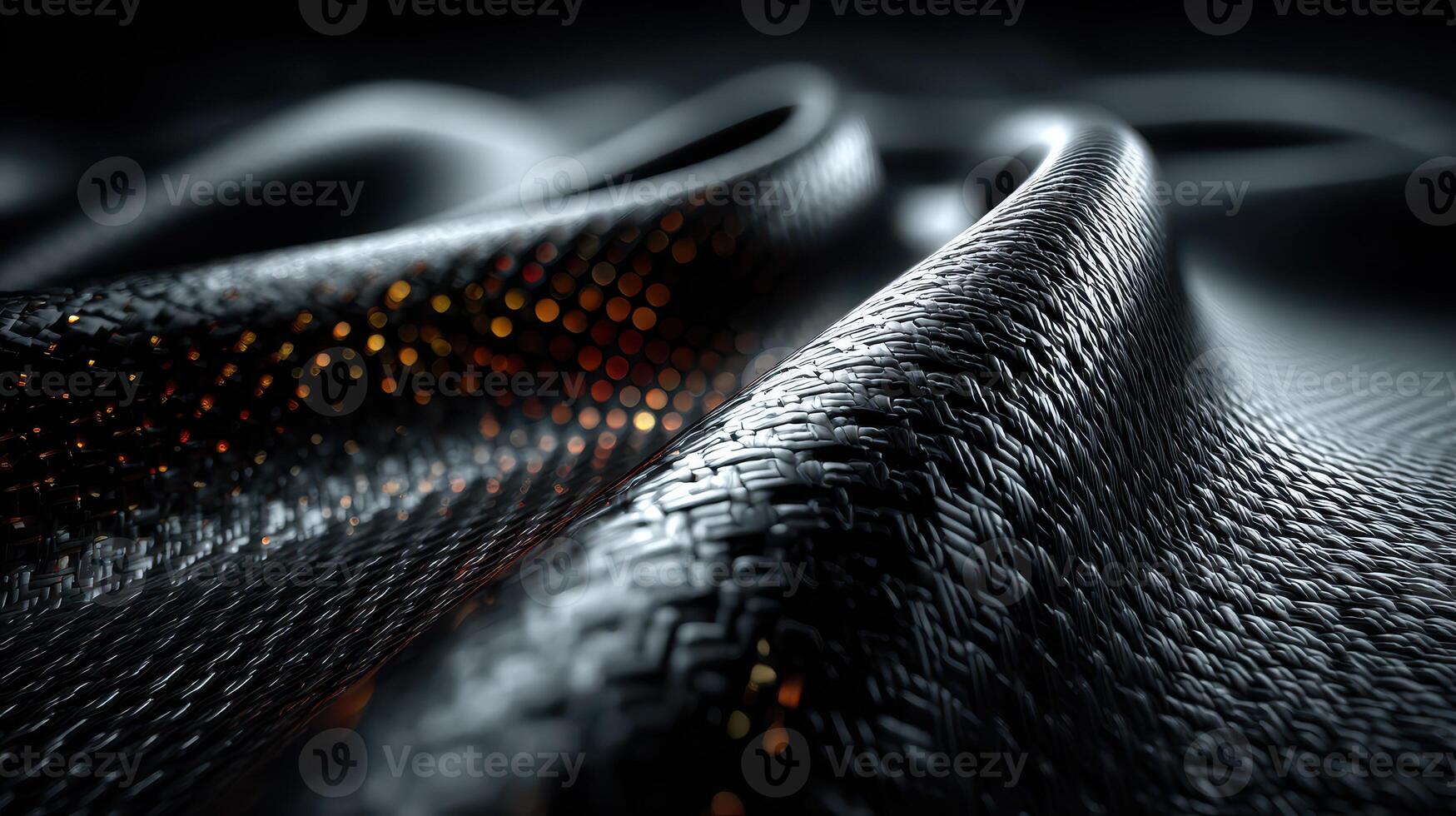 Black textured fabric with intricate weaving and reflective highlights under soft lighting creates an artistic visual composition photo