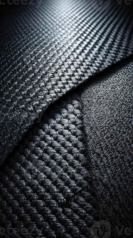 Close-up view of textured black material highlighting the intricate patterns and layers of woven fabric in a studio setting photo