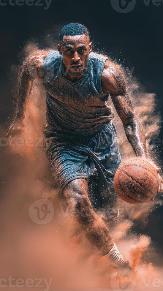 Athletic basketball player in motion creates dynamic energy with dust and dirt swirling around during a game photo