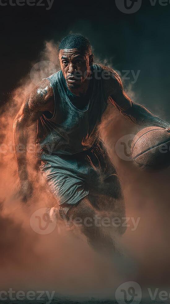 Dynamic basketball player dribbling through a cloud of dust during an intense game at night photo