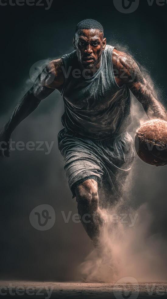 Intense basketball player driving to the hoop in a dramatic studio setting surrounded by dust photo
