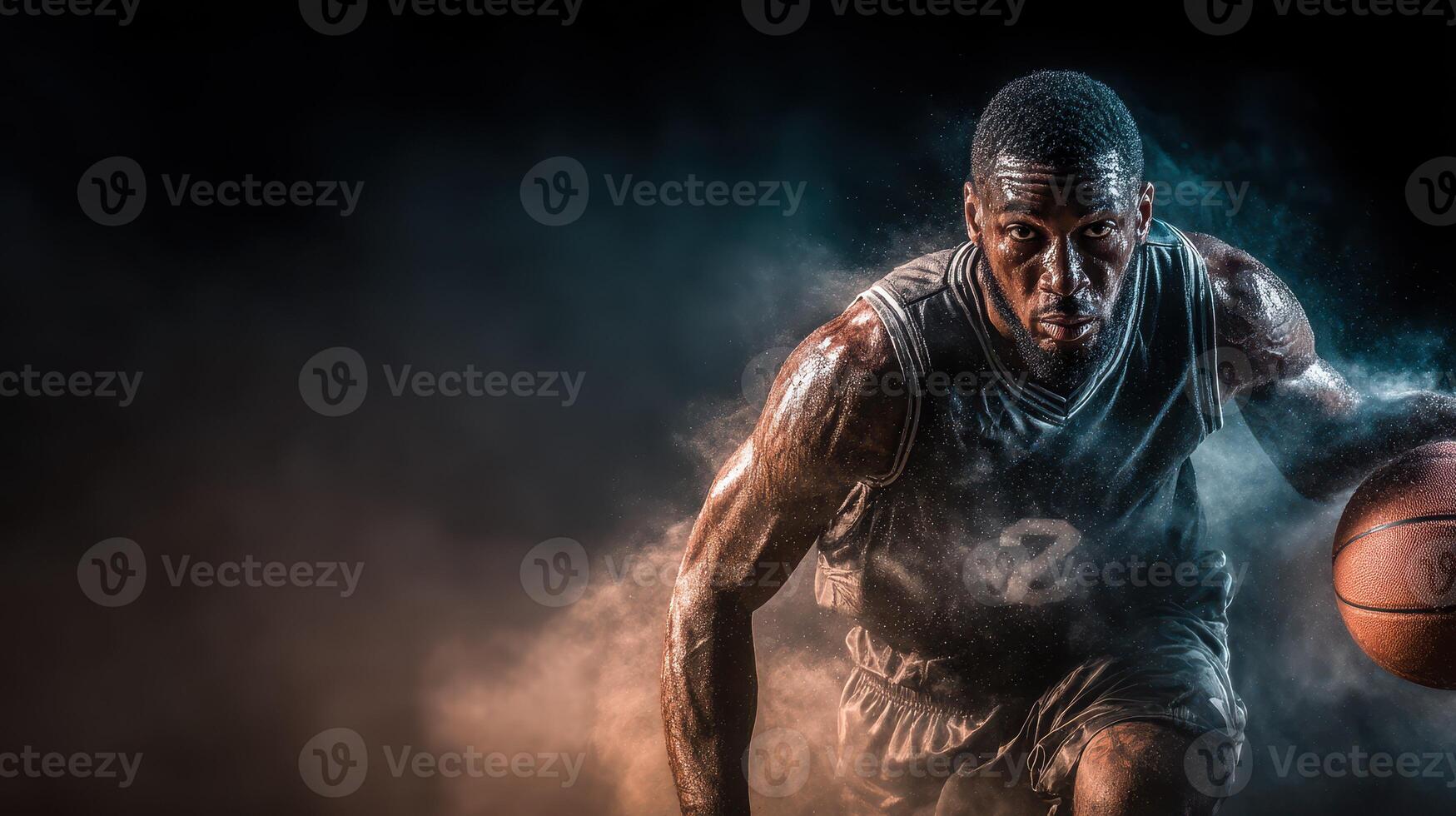 Dynamic basketball player dribbling amid colorful smoke and dramatic lighting in an intense indoor arena setting photo