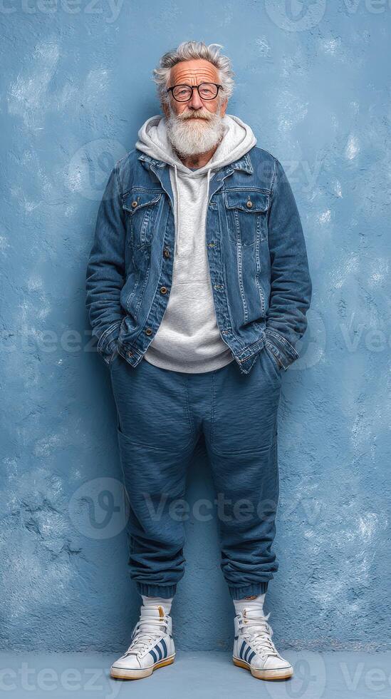 Stylish older man poses against a blue wall showcasing casual urban fashion and confidence photo