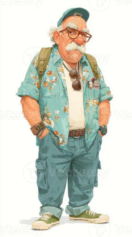 Elderly man in casual summer clothing stands confidently with a smile, showcasing a relaxed vacation vibe in a vibrant attire photo