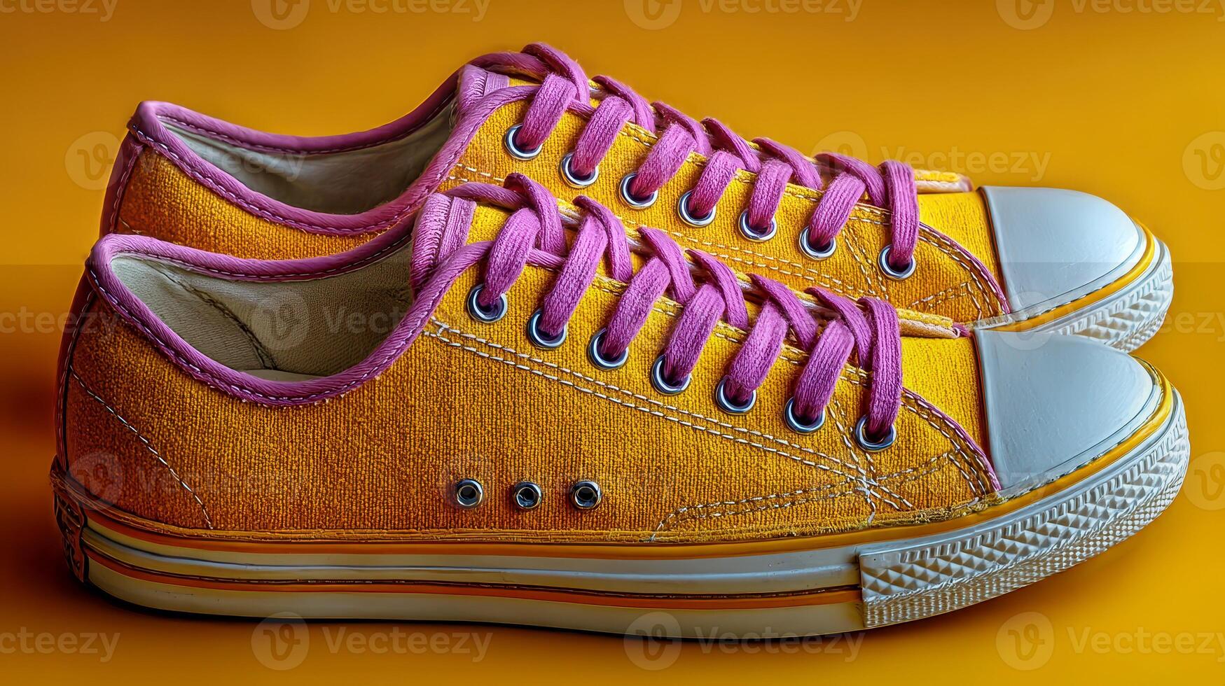 Bright yellow sneakers with pink laces displayed against a vibrant orange background photo