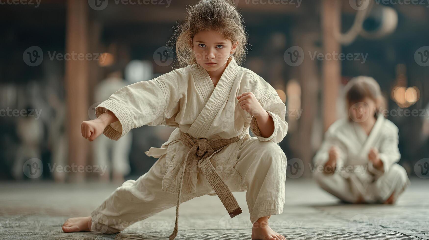 Young girl practicing martial arts in a dojo surrounded by other students during a training session photo