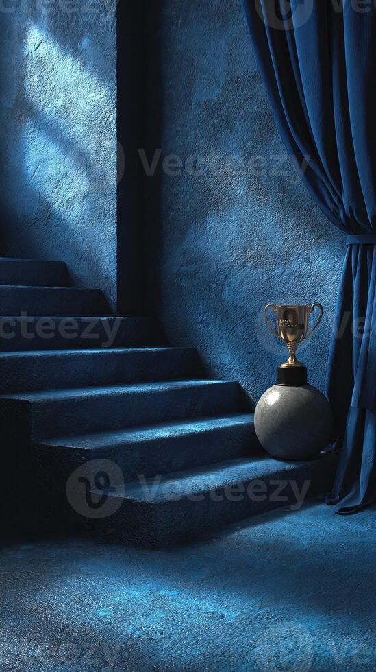 Elegant trophy displayed beside stairs in a dimly lit blue-toned space creating a dramatic atmosphere photo