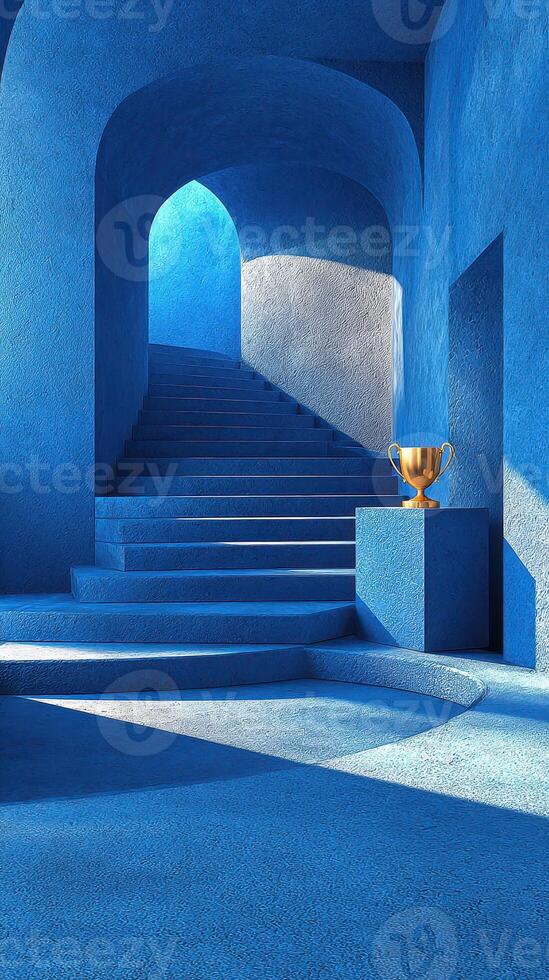 Stunning blue interior design with golden trophy set on a pedestal near spiral staircase in bright sunlight photo